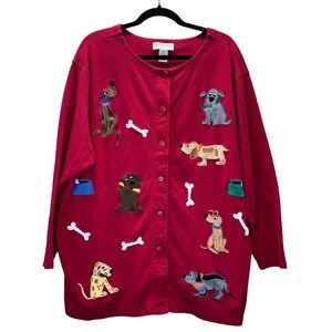 Bechamel VTG 2X Red Cotton Dog Novelty Applique Button Front Cardigan Grandma